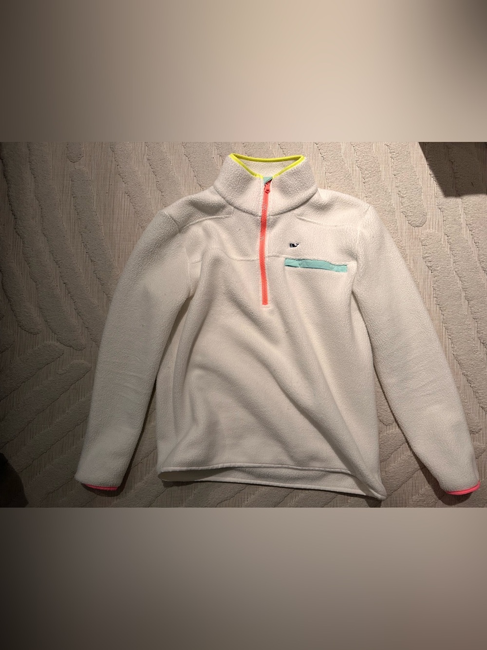 Vineyard Vines White Fleece Pullover with Neon Trim